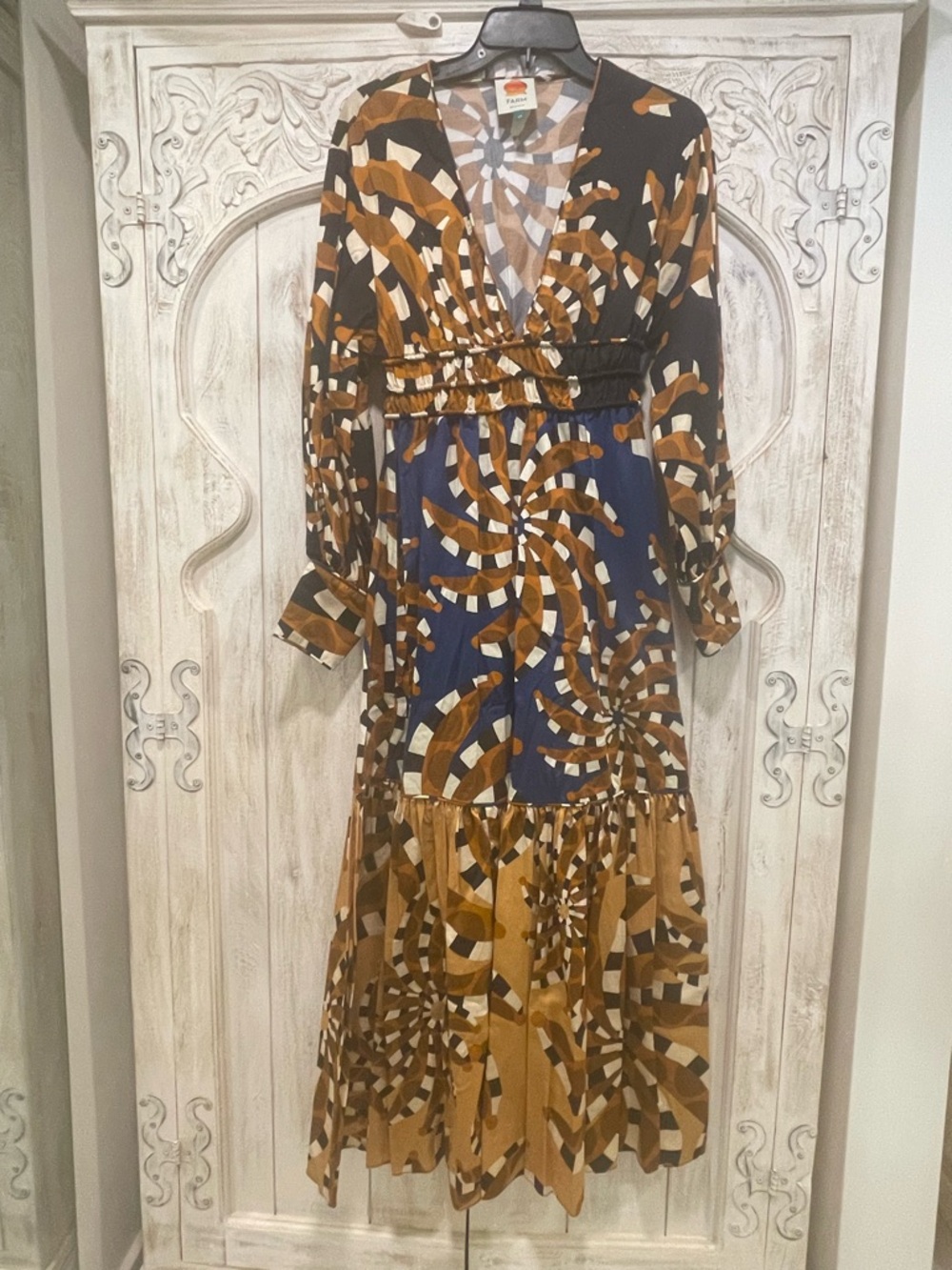 FARM Rio Swirl-Print Maxi Dress in Brown & Navy